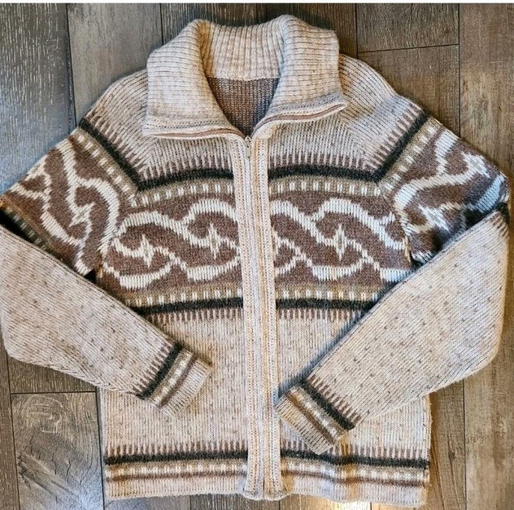 Vintage Handmade Cowichan Style Wool Knit Zip Cardigan Oversized Med Sweater 70s